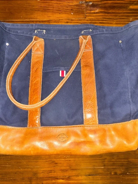 Tracksmith x Forestbound Navy & Cream Canvas Tote Tan Leather Trim - Picture 2 of 2